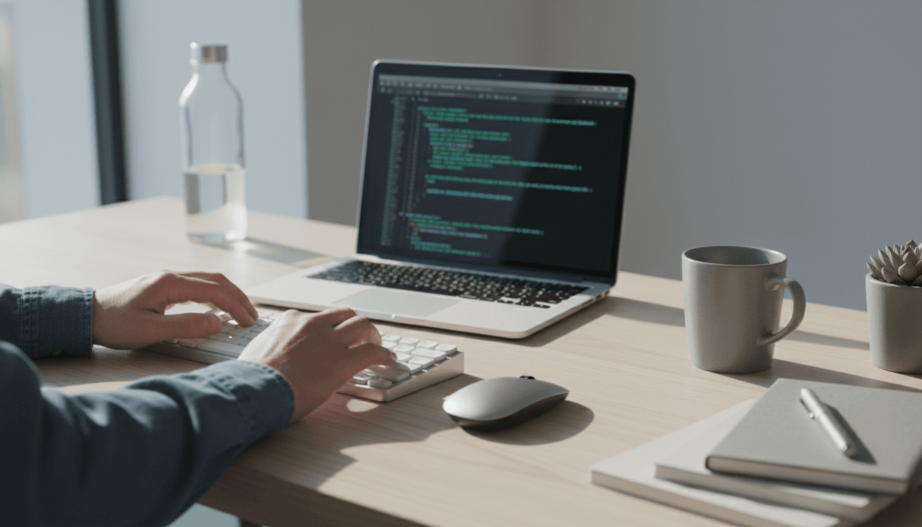 Developer workspace with laptop and natural lighting
