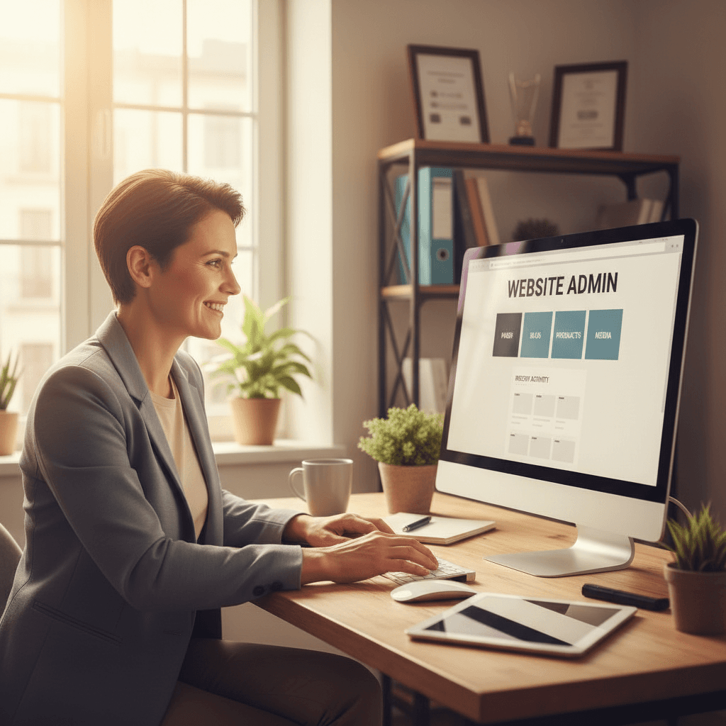 Business owner easily managing website content on computer