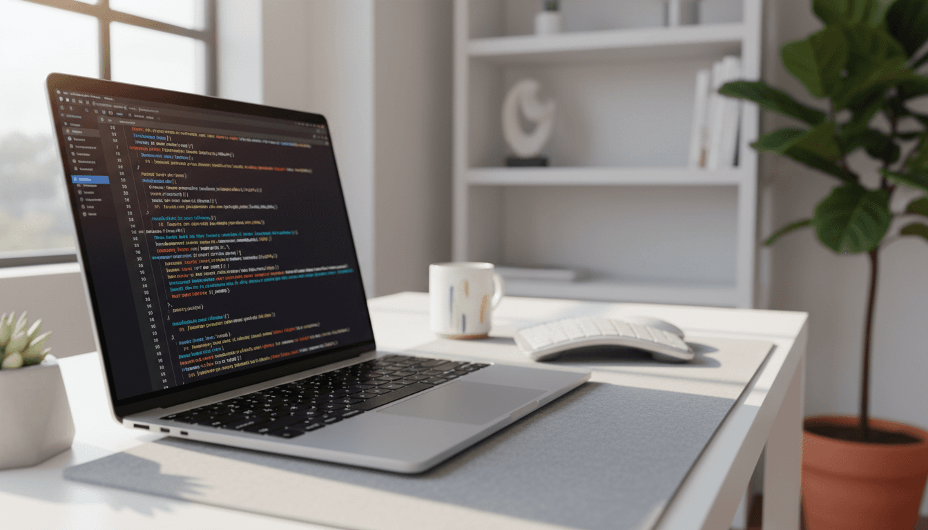 Web developer working at desk with laptop displaying code