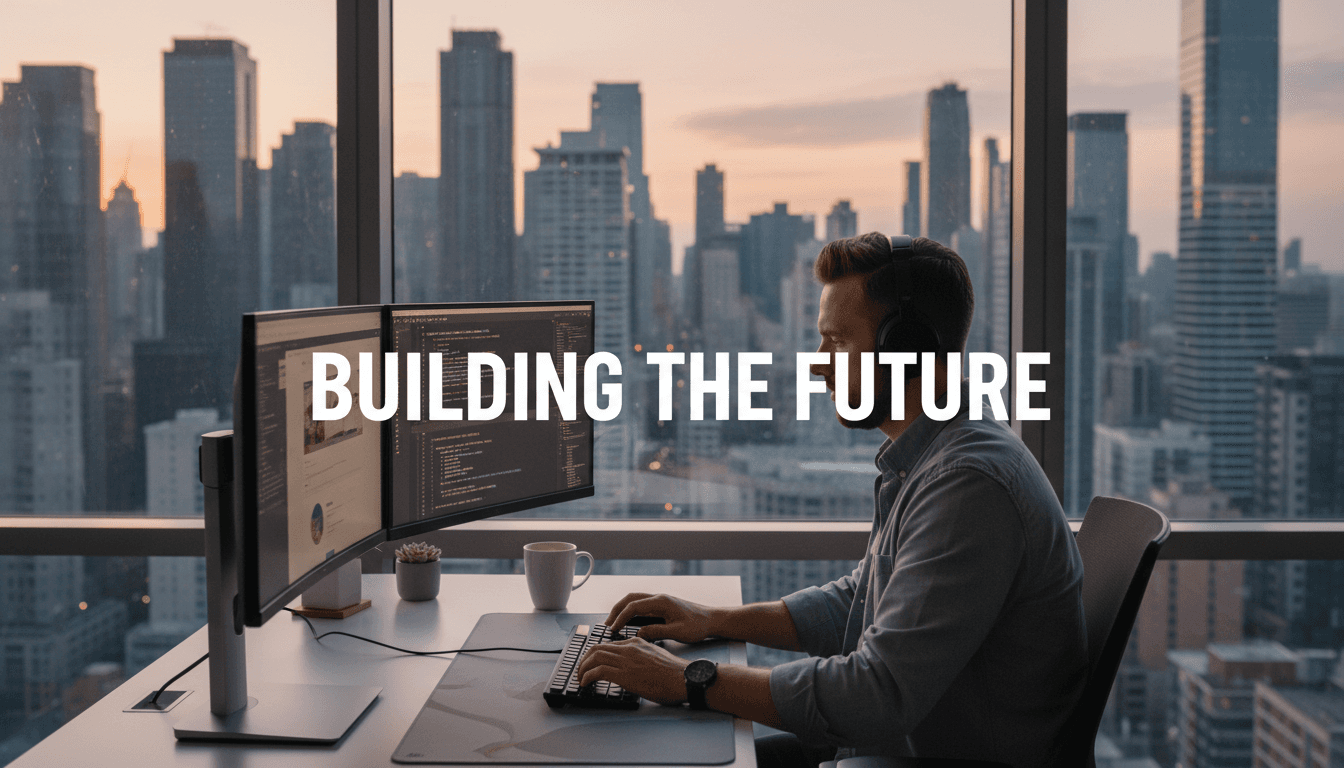 Web developer working on a project with cityscape background