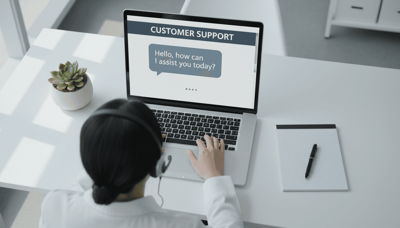 Customer service representative at desk using computer with headset, managing customer support inquiries