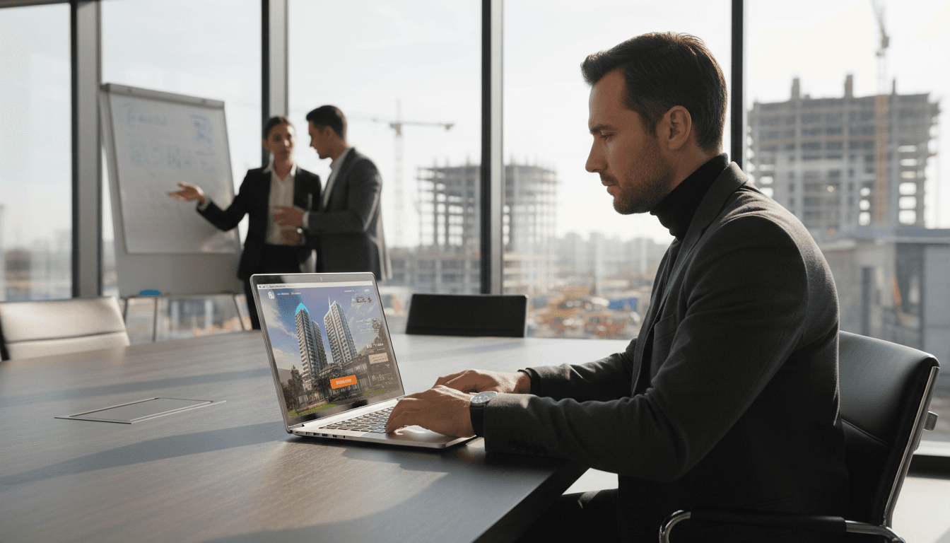 Real estate developer reviewing property development website with 3D renderings on laptop in modern conference room overlooking urban site